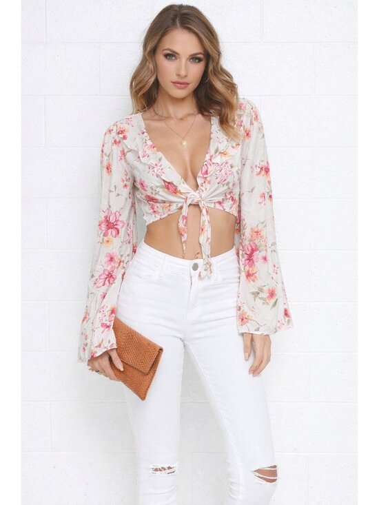 Forever 21 Tops - Forever 21 Size M Ivory Pink Floral Tie Front Crop Top Coquette Cottagecore Boho